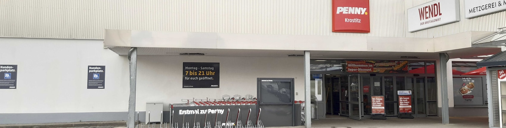 Sie sehen den Eingang vom Penny Markt in Krostitz, Bahnhofstr. 1