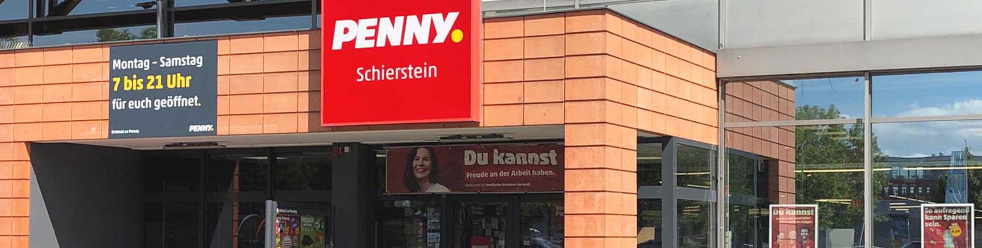 Sie sehen den Eingang vom Penny Markt in Wiesbaden/Schierstein, Rheingaustr. 30