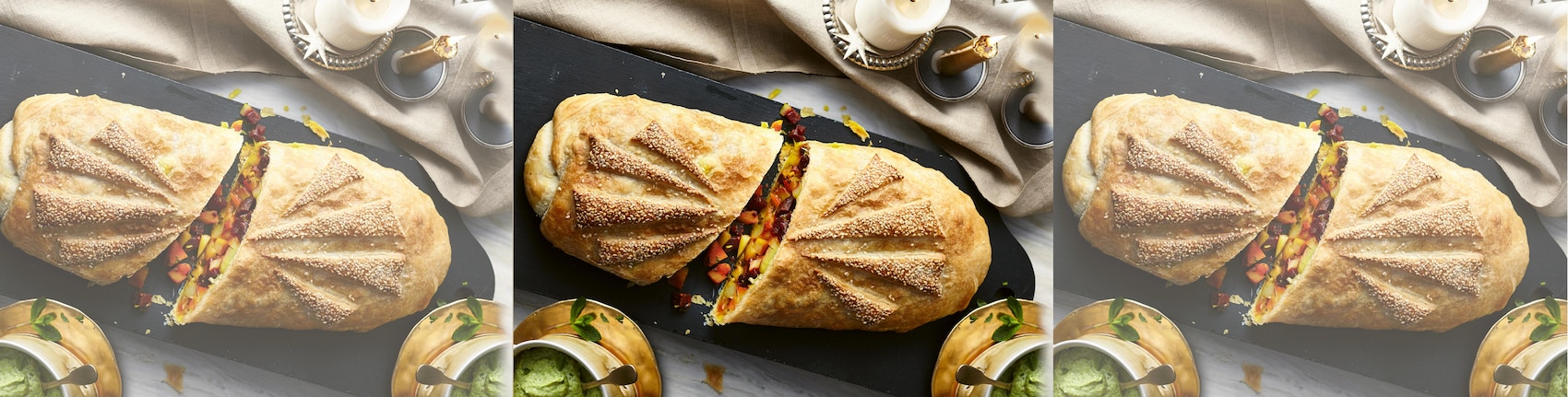 Bunt gefülltes Weihnachtsbrot mit Erbsendip