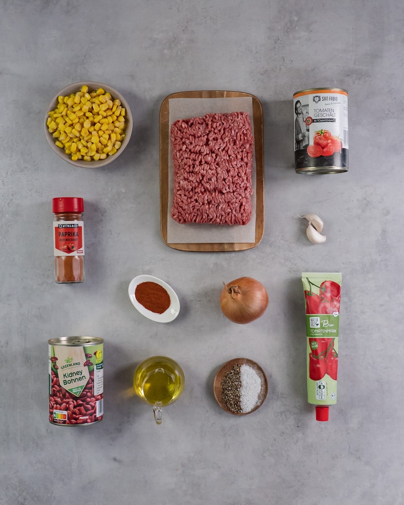 Diese Bild zeigt die Zutaten für die Chilli con Carne.
