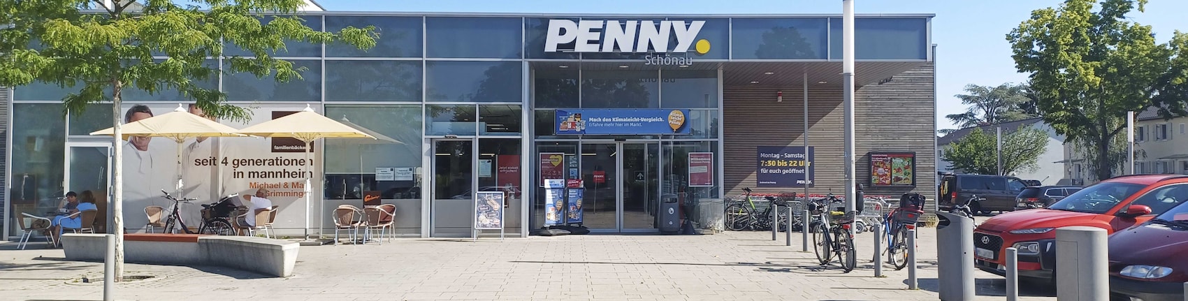 Sie sehen den Eingang vom Penny Markt in Mannheim-Schönau, Bromberger Baumgang 2