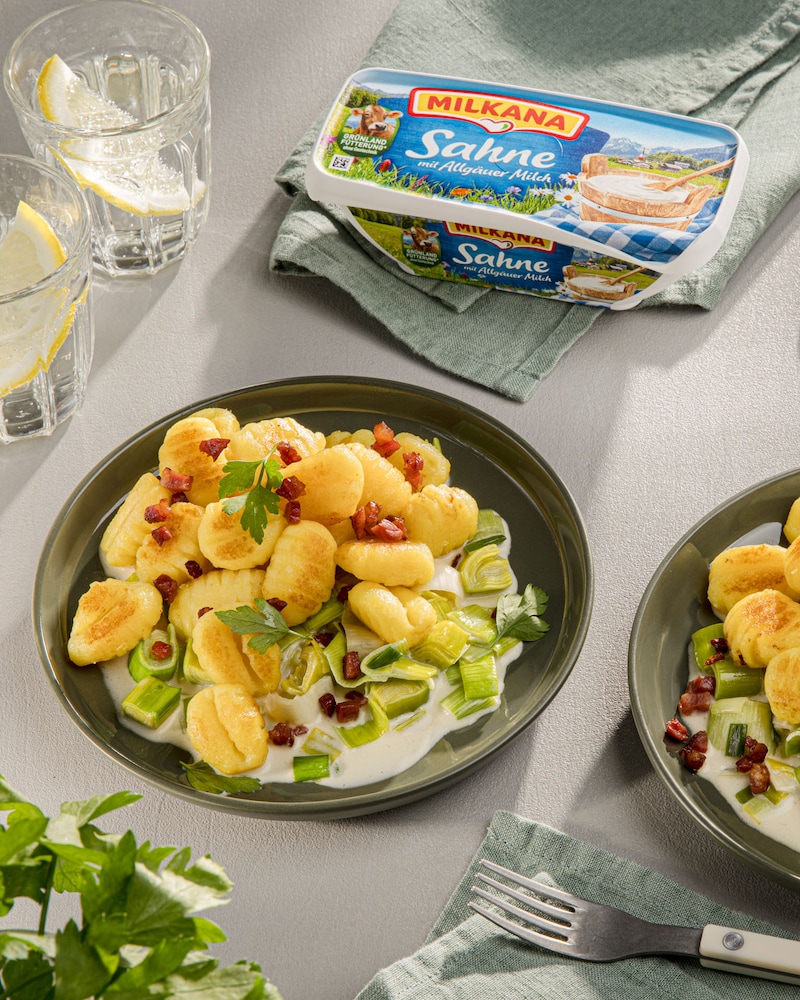 Dieses Bild zeigt die fertige Gnocchi-Lauch-Pfanne.