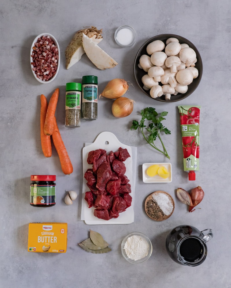 Das sind die Zutaten für das Boeuf-Bourguignon.