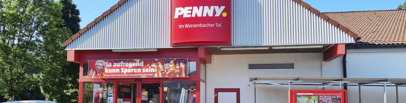 Sie sehen den Eingang vom Penny Markt in Neckargemuend, Am Kalkbrunnen 18