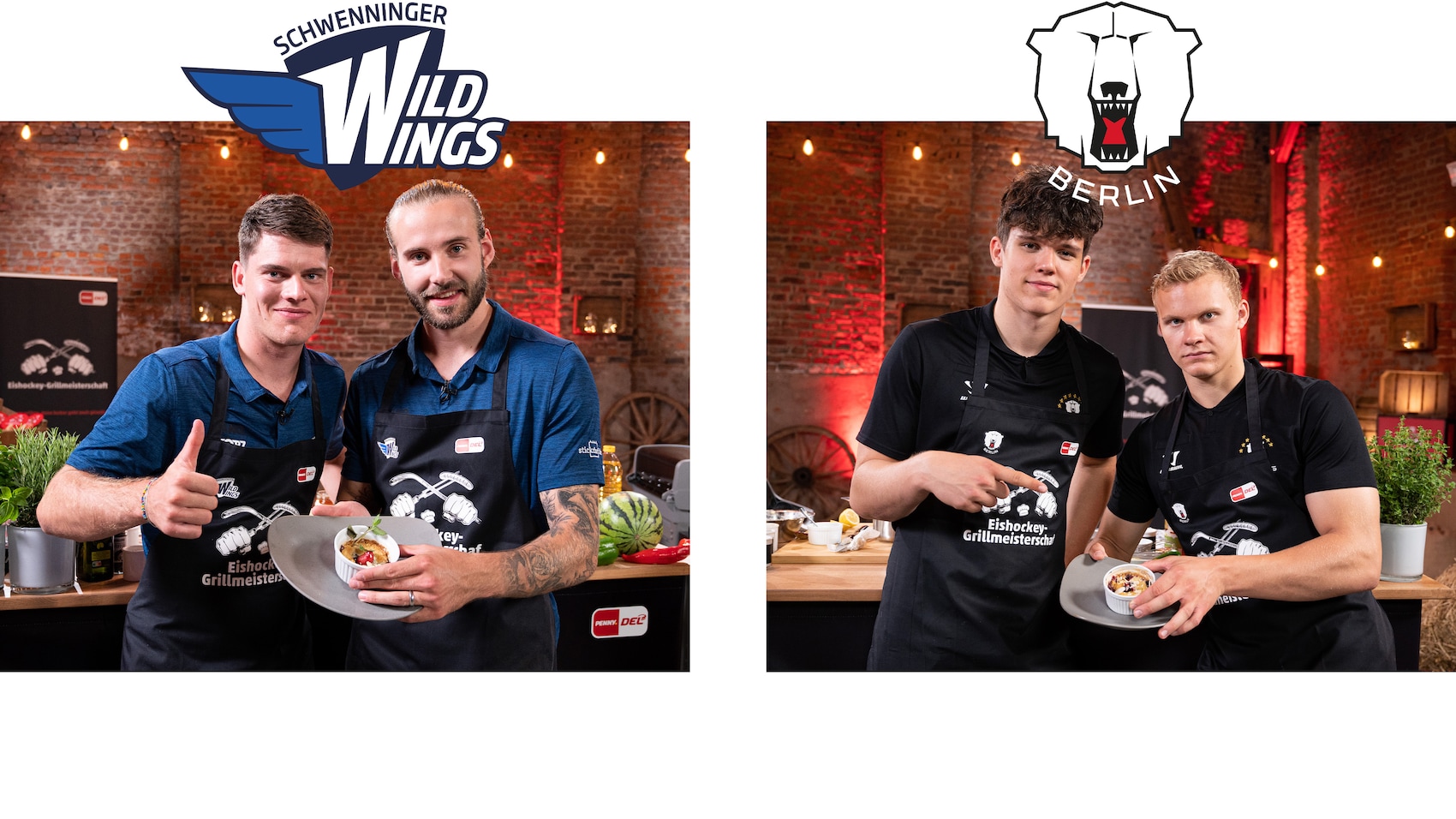 Dieses Bild zeigt jeweils zwei Eishockey-Profis von den Eisbären Berlin und Schwenninger Wild Wings mit unserem fruchtigen Beeren-Crumble.