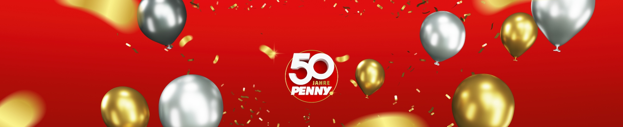 Roter Banner mit Luftabllons und 50 Jahre PENNY Logo. 