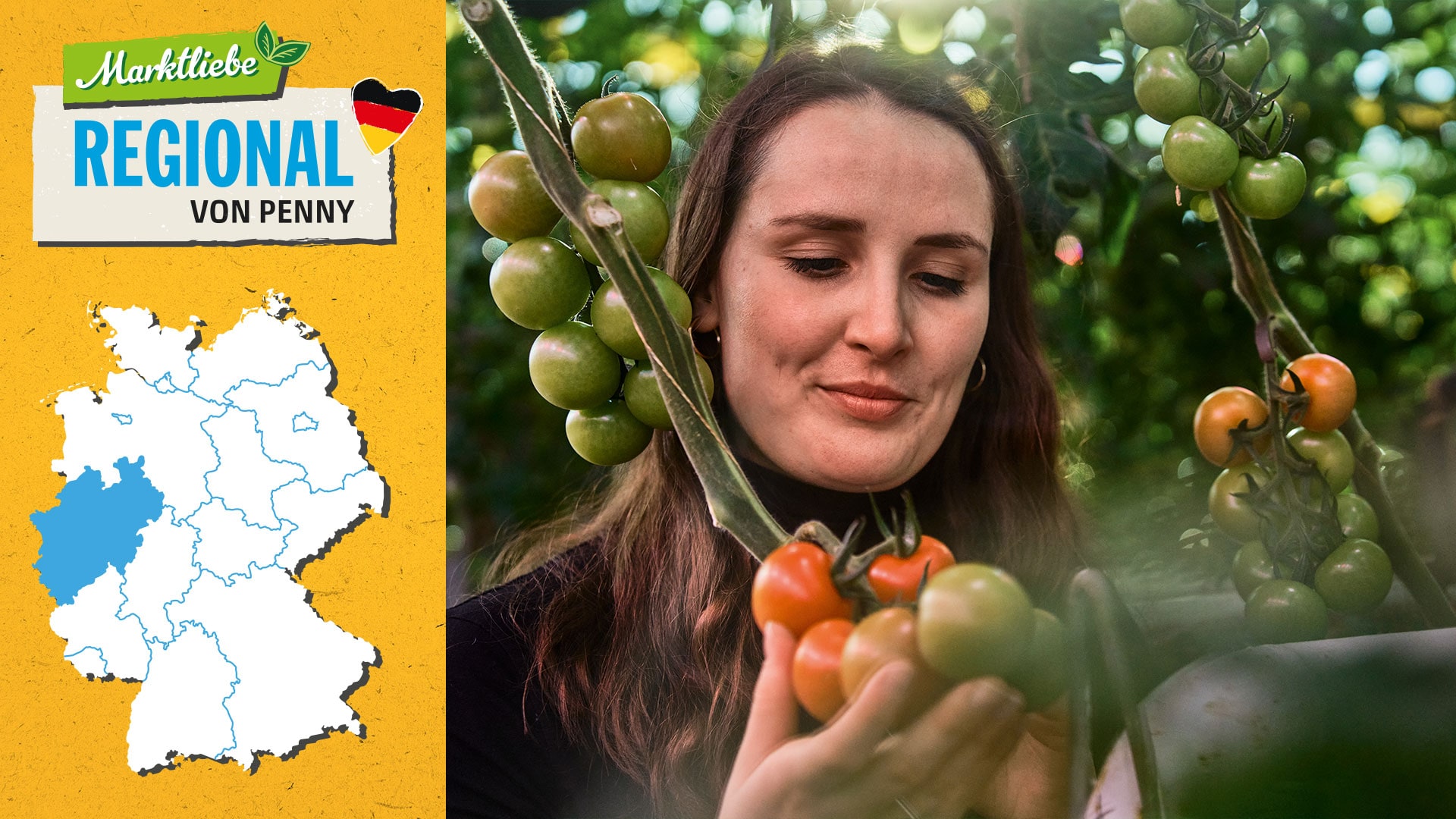 Jana Knodt überprüft die kleinen Tomaten in ihrem Gewächshaus.  Daneben sehen wir die Deutschlandkarte, auf der die Region Nordrhein-Westfalen markiert ist.