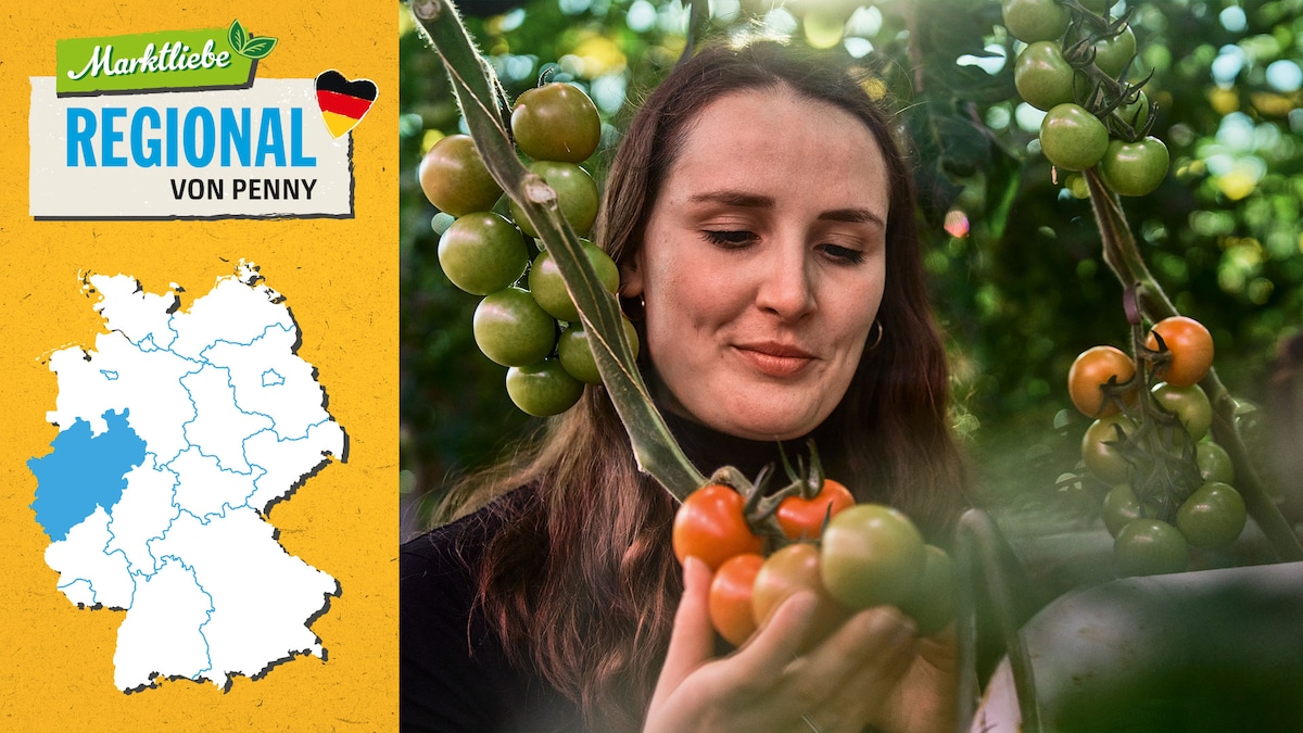 Jana Knodt überprüft die kleinen Tomaten in ihrem Gewächshaus. Daneben sehen wir die Deutschlandkarte, auf der die Region Nordrhein-Westfalen markiert ist.