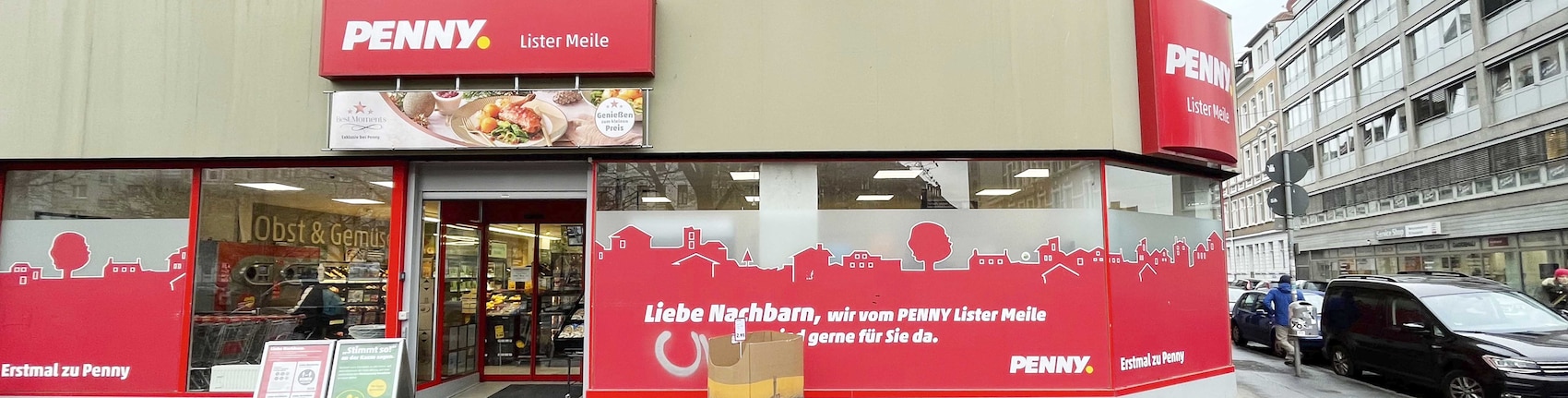 Sie sehen den Eingang vom Penny Markt in Hannover/Oststadt, Eckerstr. 1