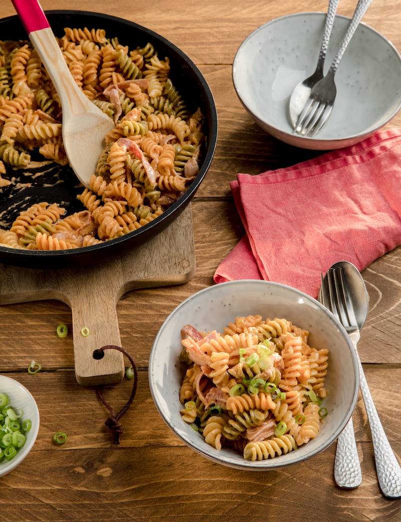 Auf diesem Bild siehst du unsere fertigen Fusilli Tricol mit Mascarpone Sosse.