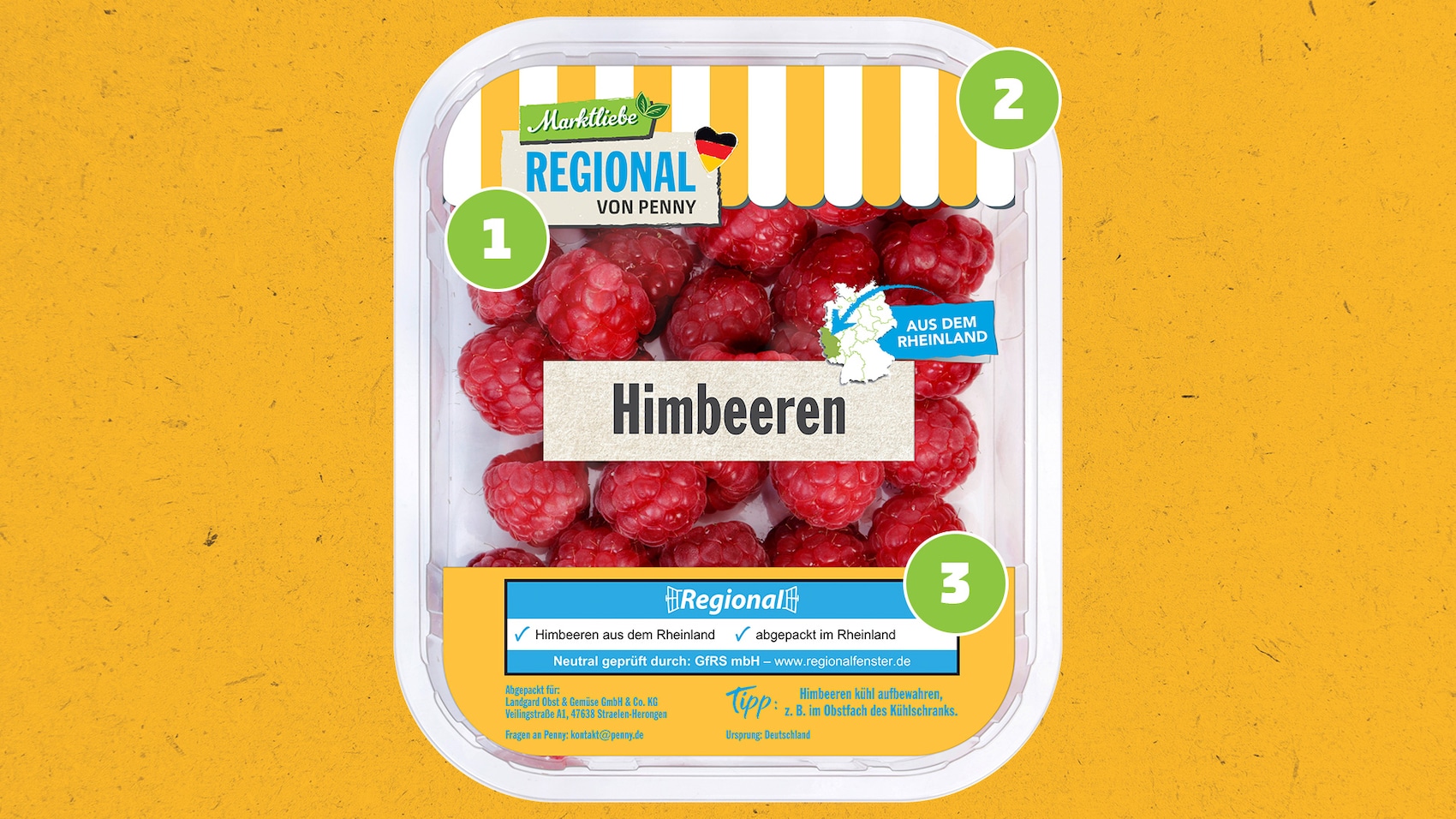 Eine Schachtel mit regionalen Himbeeren. Auf der Verpackung sieht man das Marktliebe Regional Logo, das Regionalfenster, eine gelb-weiße Markise und die Aufschrift "Himbeeren aus dem Rheinland"-
