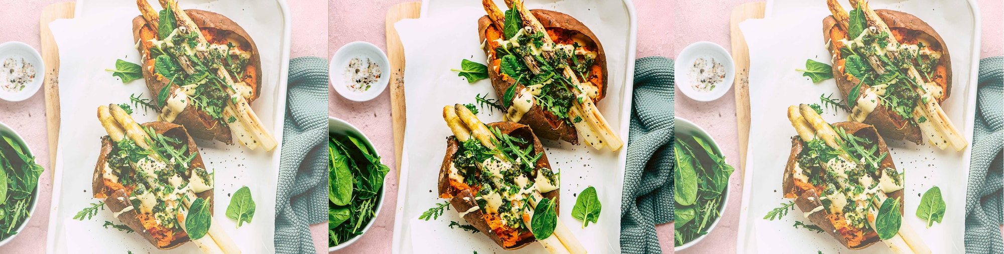 Dieses Bild zeigt die fertigen Spargel-Kumpir aus Süßkartoffel mit Kräutersauce.