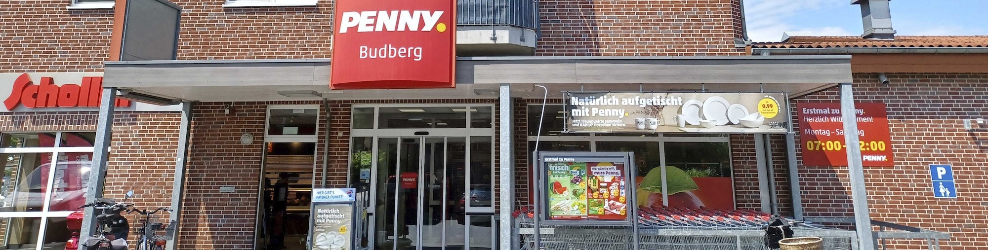 Sie sehen den Eingang vom Penny Markt Rheinberg – Budberg Rheinberger Str. 81-83